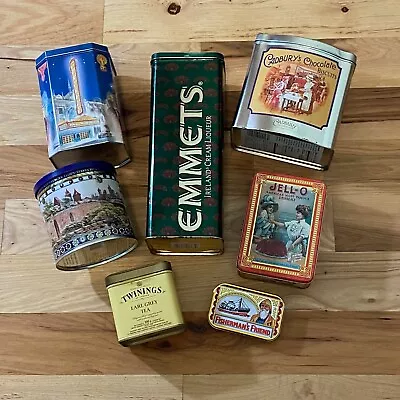 Lot Of 7 Vintage Kitchen Tins Emmet's Cadbury's Twinings JELL-O Feinste & More • $20