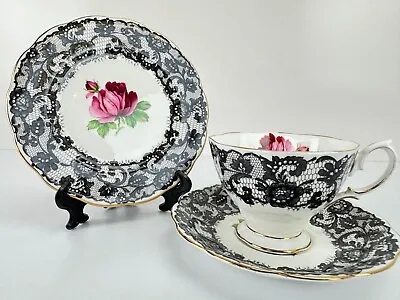 Vintage ROYAL ALBERT Senorita - Black Lace And Rose Tea Cup & Saucer Trio Set • $269.95