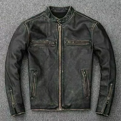 Men’s Motorcycle Biker Vintage Distressed Black Faded Real Leather Jacket • $79.99