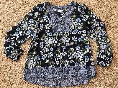 J. JILL Top Size L Navy Blue Floral Semi-Sheer LS Button Blouse Shirt • $15