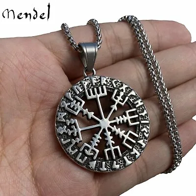 MENDEL Mens Norse Viking Rune Vegvisir Compass Pendant Necklace Stainless Steel • $11.98