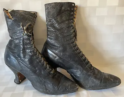 Antique 1890s Victorian Lace-Up Black Leather Ladies Womens Boots High-Top Shoes • $69.99