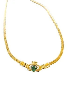 Vtg. Sol D'Or Celtic Claddagh Crown Necklace Green Stone Gold Tone • $29.99