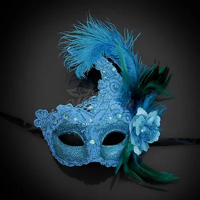 Brocade Lace Ostrich Venetian Masquerade Mask For Women M7685 [Baby Blue] • $19.95