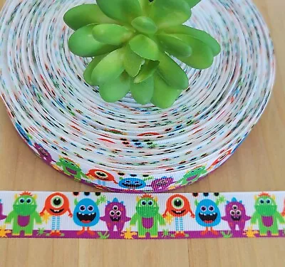 7/8  (1 YD) Monster Grosgrain Ribbon Funny Monsters Scary Halloween Monsters  • $1.20