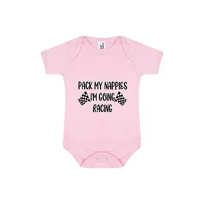 Pack My Nappies Im Going Racing - PINK Bodysuit Vest. Gift For Baby (3-6 Months) • £8.99