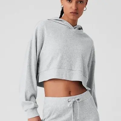 Alo Yoga Muse Hoodie Womens Sz XS Gray Heather Ribbed Pullover Relaxed Fit • $60
