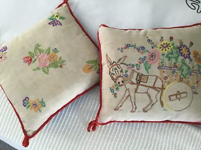 Vintage Set Of 2 Hand Embroidered Decorator Cushions Horse And Cart - FREE POST • $79.95