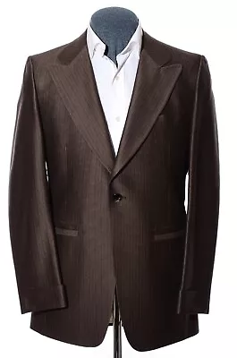 38R Vintage 70s Mod Brown Striped Poly Wide Peaked Lapels One-Button Sport Coat • $98