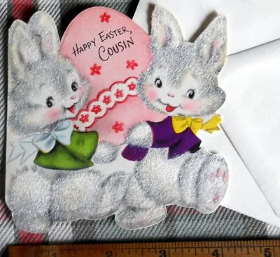 Vintage Easter Card Cousin! 1950’s HALLMARK Die Cut FLOCKED -2 Rabbits W/egg • $6.87