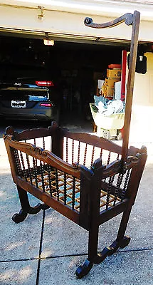 Vtg Antique Victorian Bobbin Carved Oak Old Folding Baby Bed Crib Doll Canopy  • $395