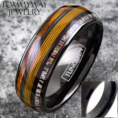 Engraved Black Tungsten Mens Ring Gold Fishing Line-Whiskey Barrel & Deer Antler • $39.99