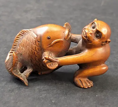 Vintage Japanese Hand Carved Netsuke Monkey Fish Koi Saru Inro Ojime Signed • £160.69