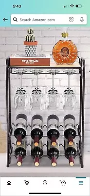 TOOLF 8 Bottle Wine Rack Freestanding Floor Metal Wine Storage Shelf With Glass • $23.50
