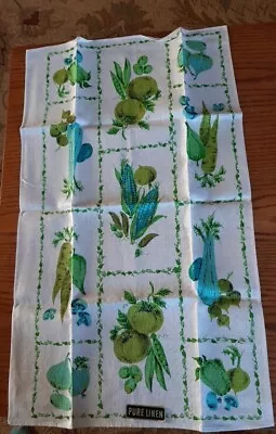Vintage Linen Tea Towel Teal Green Vegetables 1960's 28X17  New With Label BIN  • $14.95