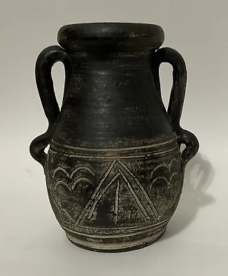 Vintage Primitive Etched Black Tan Art Pottery Rustic Vase Handmade • $49.99