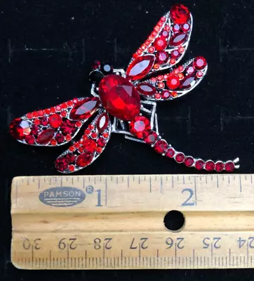 Vintage Dragonfly Insect Bug Brooch Pin Red Crystal Glass Rhinestone • $14.99