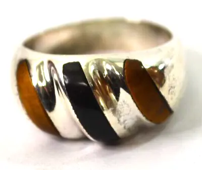 Stately Men's Tiger-Eye And Black Onyx  Ring Sterling Silver Signed Sz 11.5 • $75