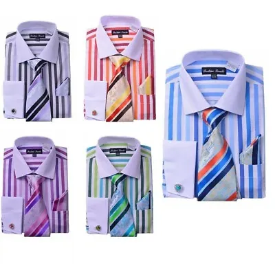 Men's French Cuff Striped Dress Shirt W/ Matching Tie & Hanky Set #629 • $23.59