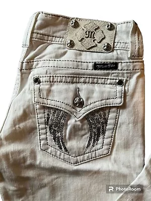 Miss Me Boot Cut Jeans Womens 30 Embellished White Denim Angel Wing Cross Pocket • $34.99