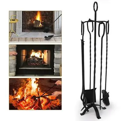 $37.99 • Buy 5 PCS Hearth Tool Fireplace Set Fire Tools Set Black Brass Home