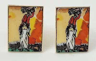 Vintage Germany Off The Cuff Links Goldtone Bride & Groom Orange Yellow Black • $19.99