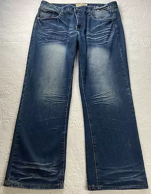 Ecko Unltd. Jeans 40 Blue Straight 714 Whiskers Faded Denim Y2K Distressed 90s • $30