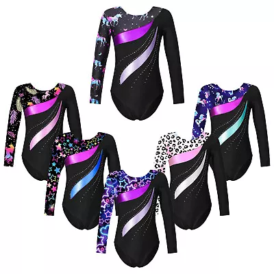 Gymnastics Leotards For Girls Long Sleeve Pattern Print Unitard Dancewear • £14.10