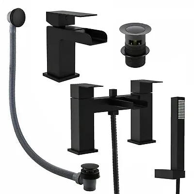 £16.95 • Buy Matt Black Waterfall Basin Sink Tap & Bath Shower Mixer & Matching Waste Plug