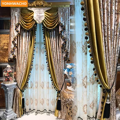 Living Room European Neo-classical Gold Velvet Cloth Curtain Tulle Valance B068 • $262.12
