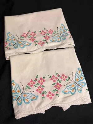 Vtg Embroidered Pillowcases Set 2 Hand Cross Stitch Blue Butterflies Pink Flower • $14.95