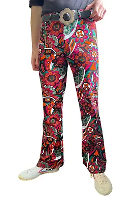 Mens FLARES Retro Flower Bell Bottoms Hippie Vtg Trousers 60's 70s Psychedelic • £34.99