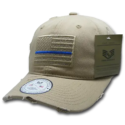 Thin Blue Line Khaki US American Flag Patch Relaxed Fit Vintage Look Hat Cap • $26.93