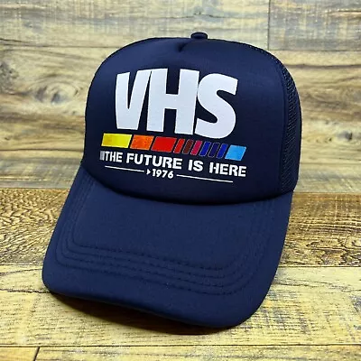 VHS Video Home System 70s Logo Unisex Trucker Hat Blue Snapback Retro Ball Cap • $19.99