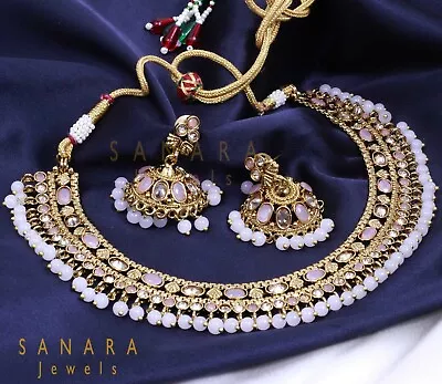 Indian Antique Gold Kundan Pearl Necklace Jhumki Earring Women Jewelry Set • $31.31