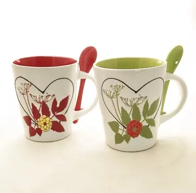 Monet Porcelain 2 Mug 2 Spoon Set In Red And Green Heart Flower Theme By CIB NWT • $19.99