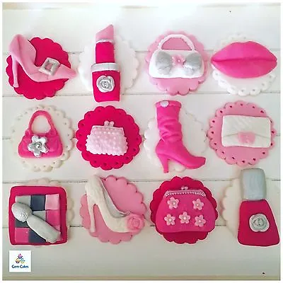 12 Edible Pink Shoes Handbags Makeup Fondant Cupcake Toppers Birthday Girl • £12.99