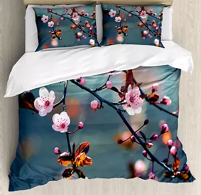 Nature Duvet Cover Set With Pillow Shams Blooming Sakura Flowers Print • $89.99