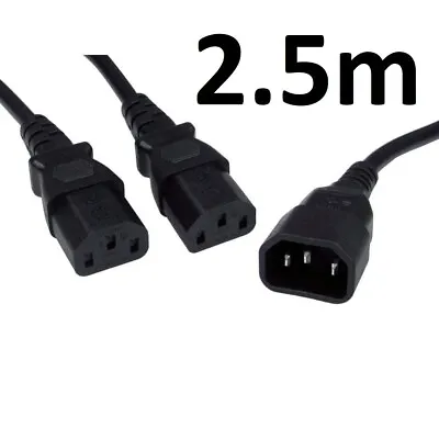 C14 To To 2x C13 IEC Mains Power Y Splitter Cable Kettle Lead PC Monitor 2.5m • £8.95