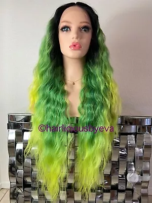 Pastel Rainbow Wig Ombré Black Green Yellow Middle Part Wavy 26 Inch Long • $49
