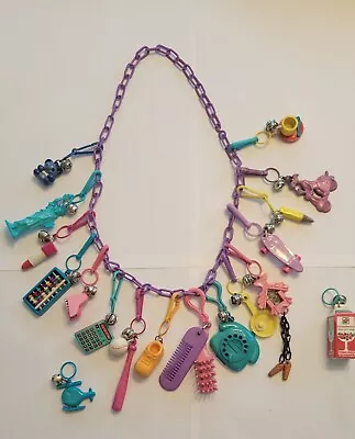 Vintage 80s Plastic Charm Necklace With 16 Charms With Purple Chain • $77