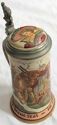 German Stein Gesetzlich Knight W/Horse Maiden On Lid W/Pewter Antique Vtg Old • $55