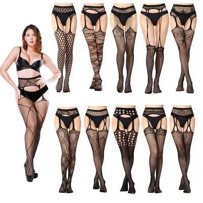 Womens Fishnet Tights Suspender Pantyhose Thigh High Stockings Black Stretchy • $4.56