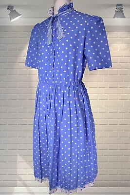 Vintage Pretty Polka Dot High Neck 1980s Does 1940s Tea Dress - Size 10 • £34.99