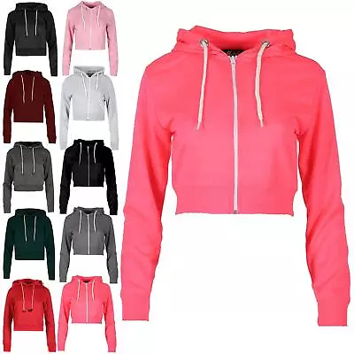 Womens Ladies Fleece Zipper Up Hoodie Zipper Sweatshirt Hooded Cropped Hoody Top • £6.99