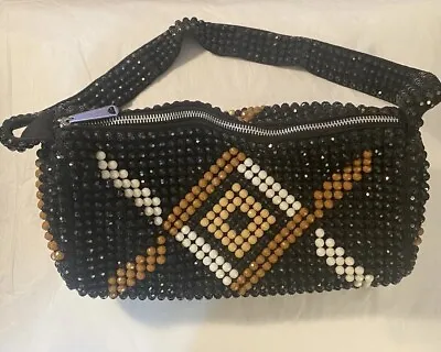 Vintage Beaded  SATCHEL SHOULDER BAG HANDMADE IN HONG KONG METAL ZIP CLOTH INT • $9.99