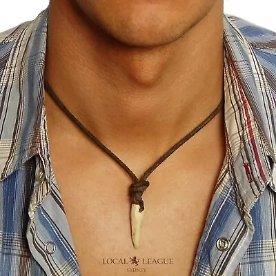 Mens Tusk Tooth Pendant Necklace HUNTER STYLE Leather Cord White Black GIFT Men • £8.95
