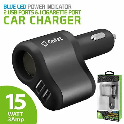 Cellet 3 In 1 Car Charger With 2 USB Ports And 1 Car Socket Lighter Adapter • $8.99