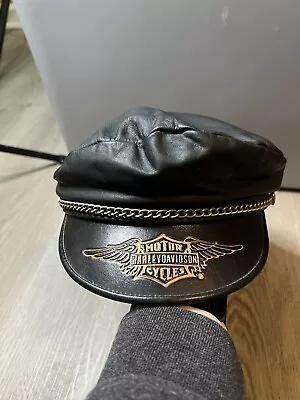 Vintage Harley Davidson Mens Black Leather Chain Biker Cap Size S USA Made • $65