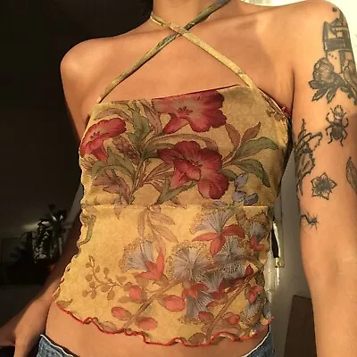 Vintage Floral Crop Top Print Mesh Halter Sleeveless Y2K Bohemian Pixie Cami • $16.79